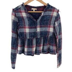 Gianni Bini GB Womens Size Small Red White Blue Plaid Cropped Long Sleeve Shirt